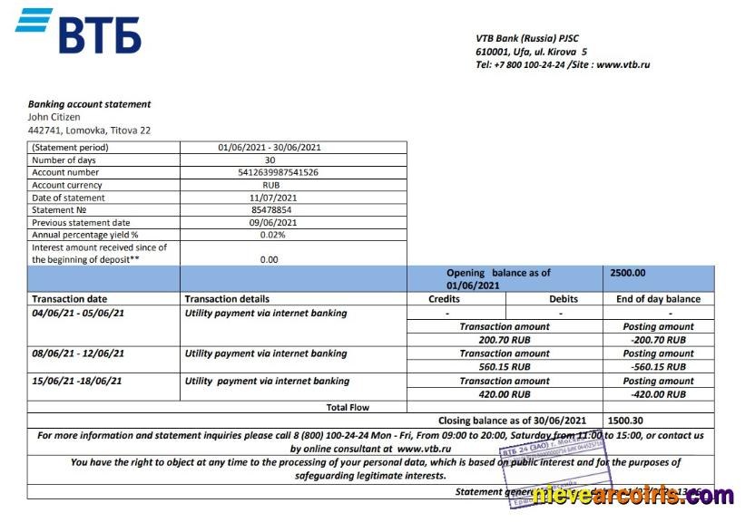 Russia VTB bank proof of address statement in Word and PDF format